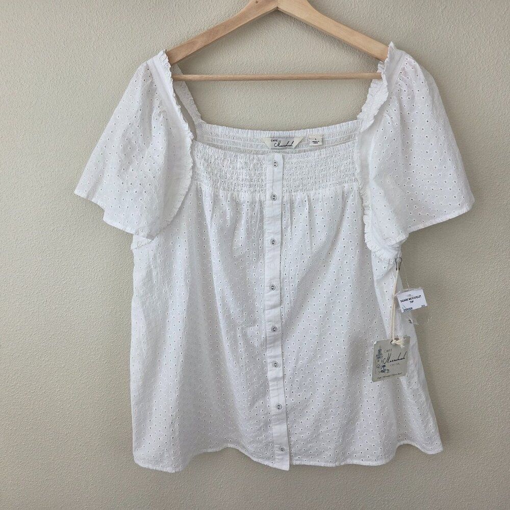 Caffe Marrakesh Eyelet Lace Top Size L White Cottagecore Square Neck NEW Blouse